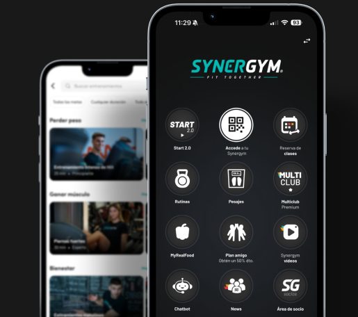 APP SYNERGYM Pantalla de móvil mostrando la interfaz de la aplicación SynerGym.